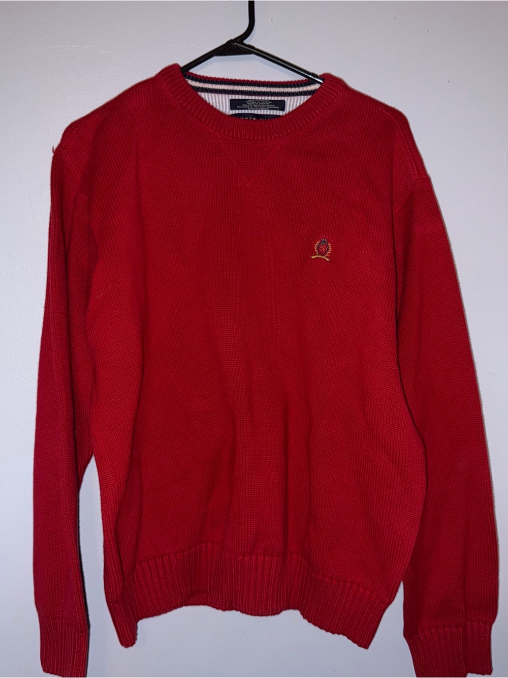 Tommy Hilfiger Men's Red Crewneck Sweater with Embroidered Logo